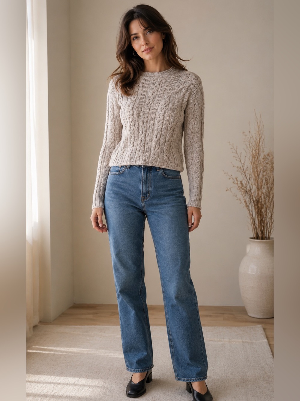 Vintage Pose Cozy Cable Knit Crewneck Sweater Light Beige silk blend sz medium